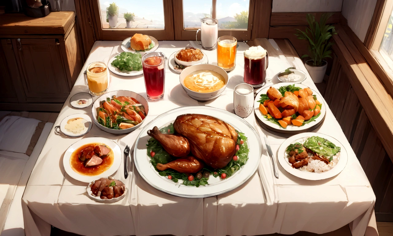 ((((masterpiece, Best Quality, High resolution)))), High detail, manga，anime，Illustrated style，Use of bright colors， Rectangular Dining Table,White tablecloth，White tableclothがかけられたテーブルに載せられている料理のアップ,The table top fills the entire screen, In the center of the screen, a large selection of food is displayed on a table.,A sumptuous dinner on the table，wine，Beer ，Meat dishes，Food and tableware for six, The evening sunlight is streaming in through the window、A sparkling drink in the sunlight, No humans， RPG-like scenery, テーブルの上にはBeer やwineや美味しそうな食べ物が載せられている, Create a magical and cozy atmosphere, Bright daytime atmosphere.
