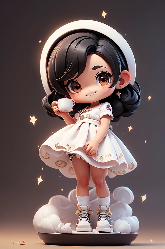 masterpiece, best quality, a cute chibi girl smiling, (((black hair))), (((cor da pele escura do chibi:1.3))), (((olhos grandes))), drinking coffee, white socks, (((black))) encostada em uma mesa, (((full body))), (((brown skin))