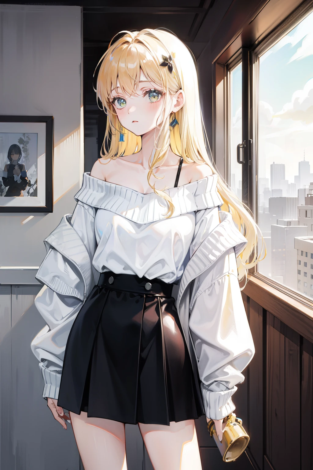 Anime girl in a white blouse and black skirt standing in front of a ...