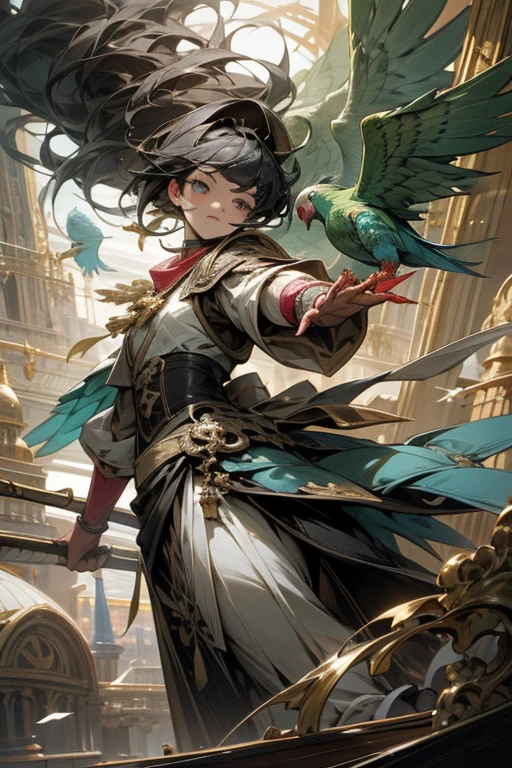 anime style,masterpiece,best quality,super detailed, super fine illustration, highly detailed, dynamic angle,dynamic scene, beautiful detailed, 8k, In the afternoon サーカス, BREAK colorful parrots and parakeets are flying in the sky or perching on ピエロの肩.magician,perfect face,perfect hands,golden effect,With arms outstretched,