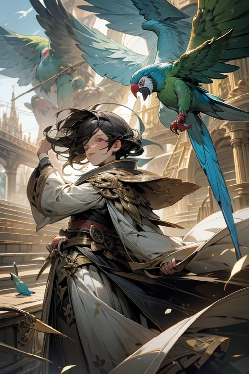 anime style,masterpiece,best quality,super detailed, super fine illustration, highly detailed, dynamic angle,dynamic scene, beautiful detailed, 8k, In the afternoon サーカス, BREAK colorful parrots and parakeets are flying in the sky or perching on ピエロの肩.magician,perfect face,perfect hands,golden effect,With arms outstretched,