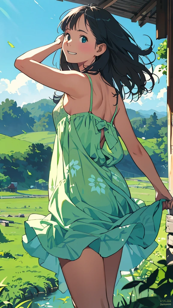 reasonable design, Clear lines, High Sharpness, (highest quality,4k,Perfect sharpness,Ultra fine,High resolution,masterpiece:1.2), Perfect Anatomy:1.5, Official Art, Illustrations that tell a story, (Whitish background:0. 9)、Body Positivity、More Mr.Physical expression、(Random and mischievous poses)、Perfect beauty、Perfect beautiful face、Strong winds、A rich expression、Dynamic composition、smile、Golden ratio composition、colorful、(Mr.Different angles and perspectives)、Anime Art、mini skirt、(Overcoming stereotypes)、 Glowing Skin、(Natural beauty)、smile、bangs、Straight Hair、(Soft and flowing hair)、(Rural Scenery)、(Nostalgic atmosphere)、Insert up to the thighs、(Playful and carefree)、(More Mr.Ethnic characters)、(innocent attitude)、(Sunny atmosphere)、Skirt flipped up、(Bright colors)、Belly button exposed、Beautiful Eyes、A skirt fluttering in the wind、Put it in to your feet、Some composition patterns、Tank top、Angle from behind、