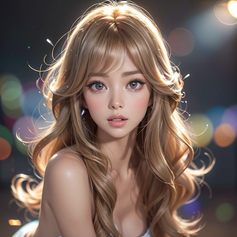 NSFW, 8k, High-level, absurd, masterpiece, best quality, primitive, very detailed CG, very detailed wallpaper, perfect lighting, Extremely detailed ((( personifying " Farrah Fawcett Majors " as a  Girl))), MysticSight, Tyndall effect, Tyndall scattering, (Studio gray background with (Overflowing oodles Dazzling RainbowColorParticles (BokeH))), (RoundlyButts, ThighGap), (Exposed:0.4), (Assfocus with looking ahead) BREAK  (Acutance:0.88), (NOGIZAKA face variations) Extremely Detailed very KAWAII face variations, perfect anatomy, Childish, CaptivatingGaze ElaboratePupils detailed Eyes with (sparkling highlights:1.28), (Voluminous LongEyelashes、GlossyRED Lips with beautiful details, RosyCheeks, Radiant PearlSkin with Transparency . { (Dynamic LifeLike expressions:1.4) | :d) }, (large eyes:-1) .