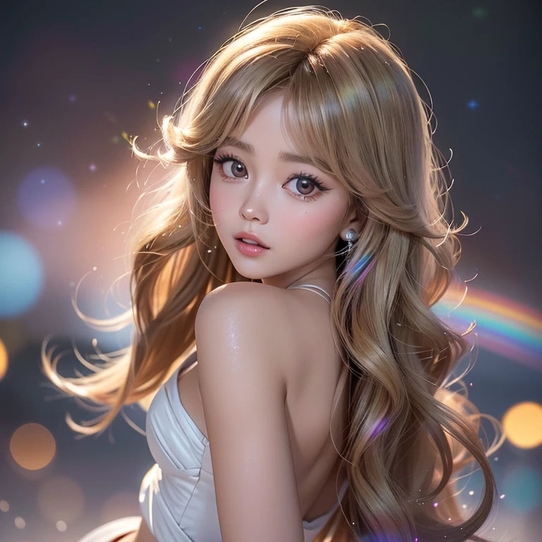 NSFW, 8k, High-level, absurd, masterpiece, best quality, primitive, very detailed CG, very detailed wallpaper, perfect lighting, Extremely detailed ((( personifying " Farrah Fawcett Majors " as a Little Girl))), MysticSight, Tyndall effect, Tyndall scattering, (Studio gray background with (Overflowing oodles Dazzling RainbowColorParticles (BokeH))), (RoundlyButts, ThighGap), (Exposed:0.4), (Assfocus with looking ahead) BREAK (Acutance:0.88), (NOGIZAKA face variations) Extremely Detailed very KAWAII face variations, perfect anatomy, Childish, CaptivatingGaze ElaboratePupils detailed Eyes with (sparkling highlights:1.28), (Voluminous LongEyelashes、GlossyRED Lips with beautiful details, RosyCheeks, Radiant PearlSkin with Transparency . { (Dynamic LifeLike expressions:1.4) | :d) }, (large eyes:-1) .
