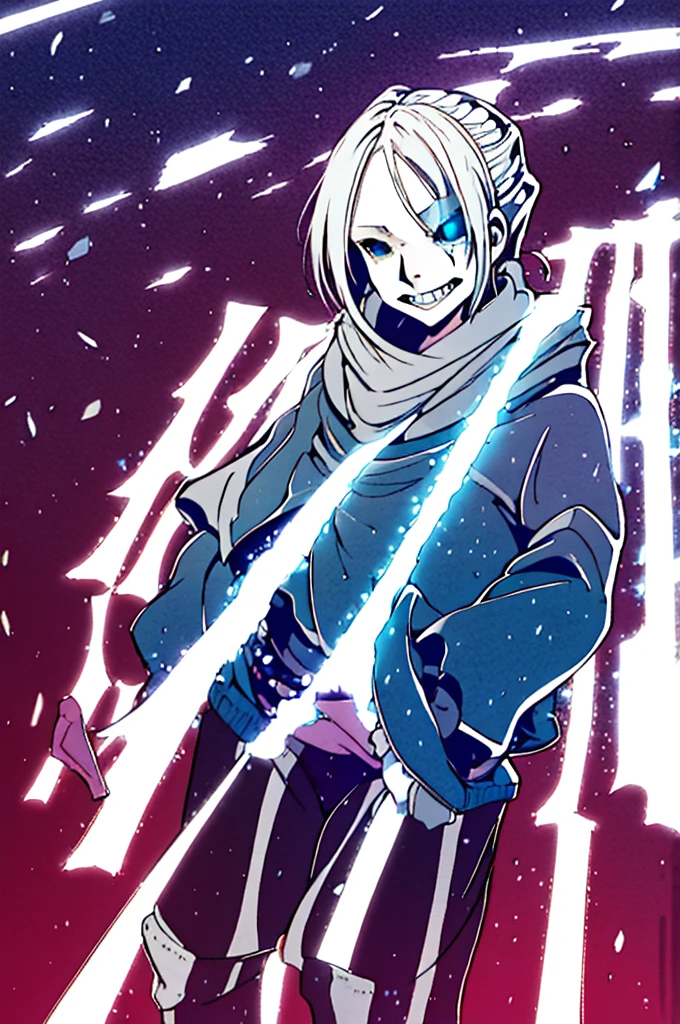 Sigrid, also known as "Divinity," possesses a captivating appearance that exudes an otherworldly aura. As a young male humanoid, Sigrid stands at a height of 5 foot 8, with a slender and delicate frame. His ethereal presence is further enhanced by his striking features - white hair cascading down like a waterfall and piercing blue eyes that seem to hold the secrets of the universe. Draped gracefully over Sigrid's slender form is a long overcoat, its dark blue hue contrasting against his pale complexion. The overcoat gracefully extends below their knees, its fabric adorned with intricate patterns that seem to dance and intertwine with each other. It is a testament to the artistry and craftsmanship that went into its creation. Beneath the overcoat, a dark gray shirt peeks through, bearing a bold symbol at its center - a large X. This X, a striking juxtaposition of red and purple, serves as a visual representation of the duality that resides within Sigrid. It is a symbol that hints at the enigmatic nature of his being. Sigrid's attire continues with pants that elegantly taper down to their ankles, allowing for freedom of movement. Completing his ensemble are a pair of boots, sturdy yet stylish, providing a solid foundation for each step he will take. Upon closer inspection, one would notice the presence of four bands adorning Sigrid's jacket. Two bands encircle each arm, while the other two wrap around the area where their rib cage would be located. These bands, a shade of dark gray, serve as a subtle accent to his overall attire. Delicately patterned Xs adorn the bands, positioned at four even angles, with a single line traversing through all of them. It is a meticulous detail that adds a touch of mystique to Sigrid's ensemble. Sigrid, known as "Divinity," is a vision of elegance and intrigue. Hi appearance, from the flowing white hair to the intricate patterns on their attire, is a testament to his unique and captivating nature