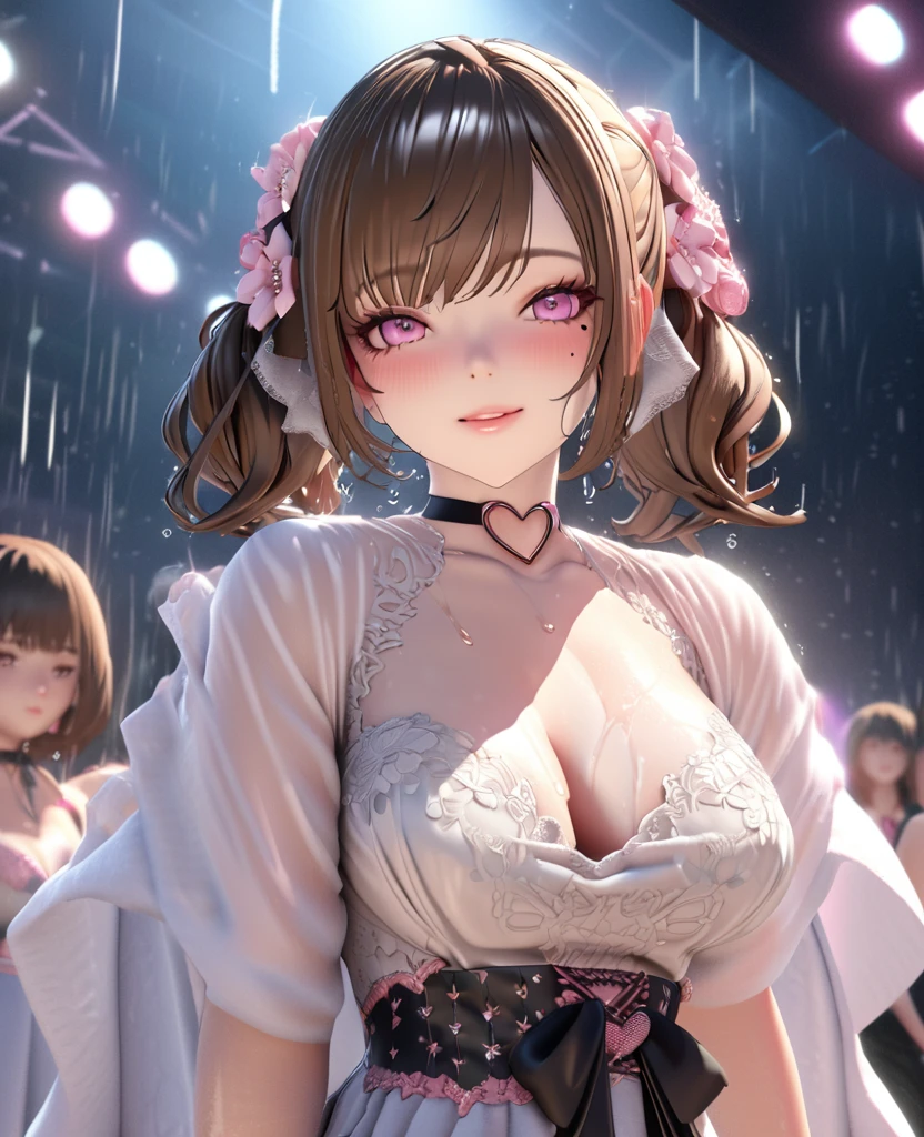 one girl, staring at the audience, beautiful pink eyes, brown hair in short twin tails, mole under eye, plump glossy lips, heart shaped choker, idol, her name is Mei, smiling, . . . 3D, realistic, idol's costume was drenched in heavy rain, her chest was wet and see-through, heavy rain at outdoor concert, draped clothes, jewelry and decorations removed, floral patterns, lace trim, glittering on stage, masterpiece, best quality, 8k, detailed skin texture, detailed fabric texture, beautifully detailed face, intricate details, highly detailed, ultra high resolution, 8k Ultra HD, film grain, best shadows, delicate, staring at the audience, front