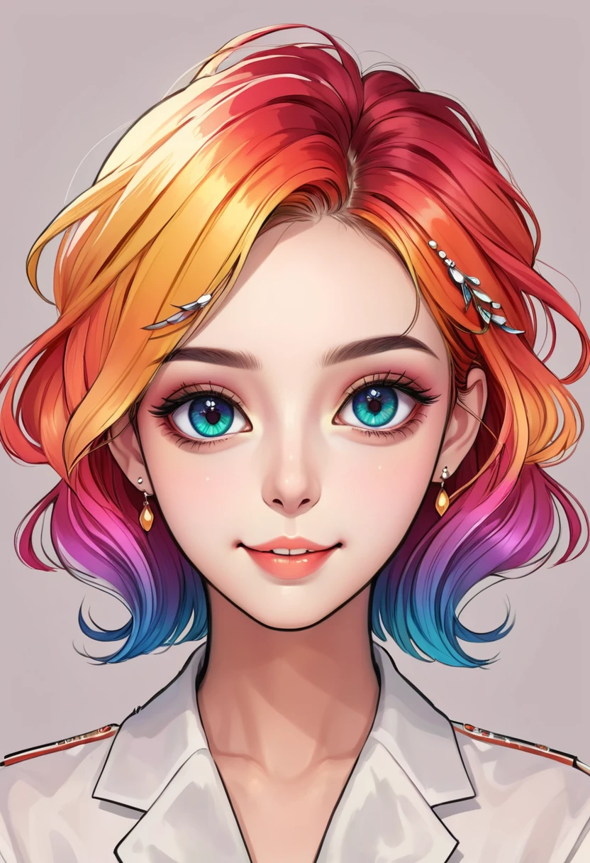 Cute digital illustration，Anime style girl portrait，Smile，Solitary，symmetry，Gradient hair，Big colorful eyes，Fashionable and exquisite facial features，Exquisite makeup，Beautiful hairstyle，Hairpin，Clean and simple background