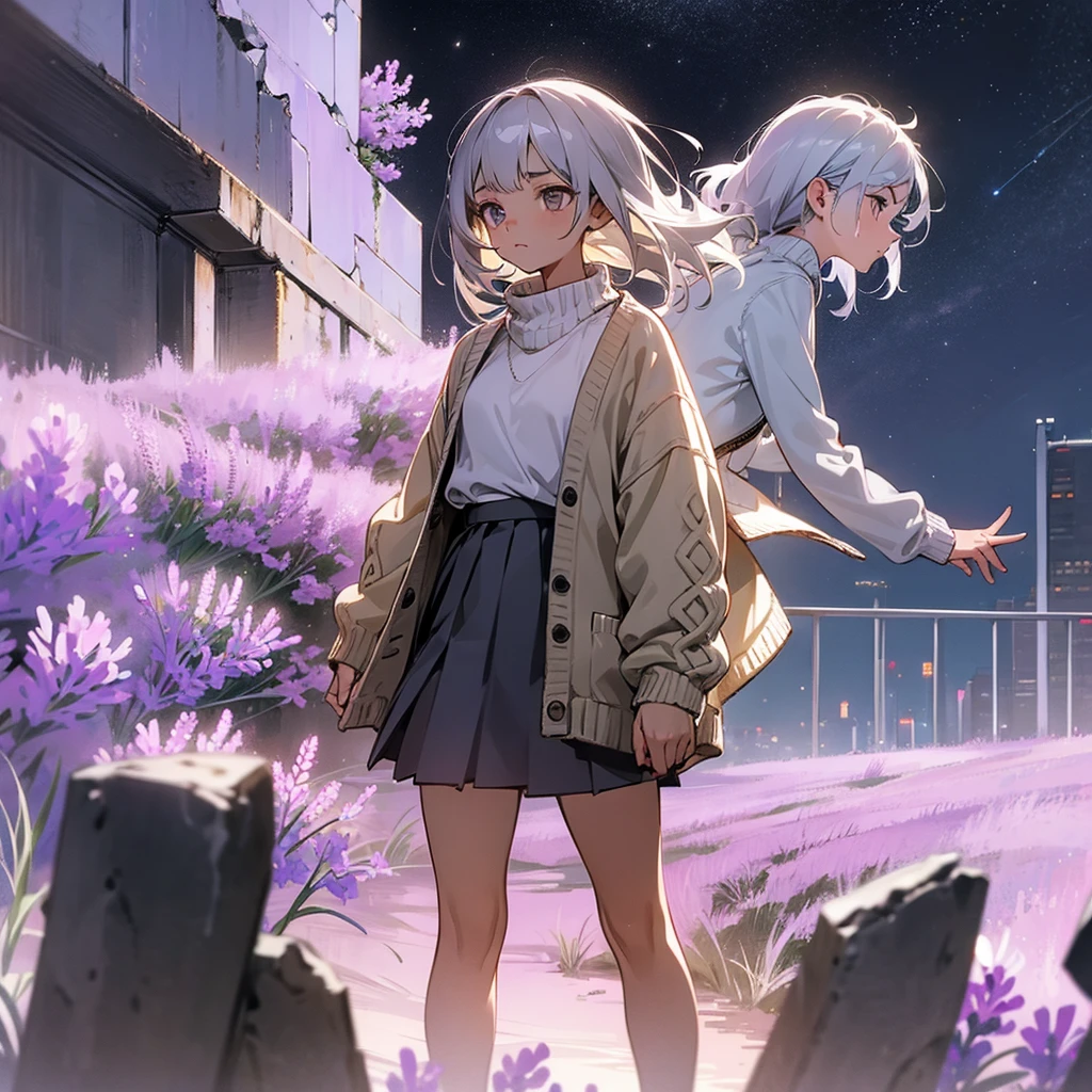 1female, young adult, tan skin, finely detailed lavander eyes, straight medium, grey hair, skirt, sweater, cardigan, standing on ruined building, night time, serious expression