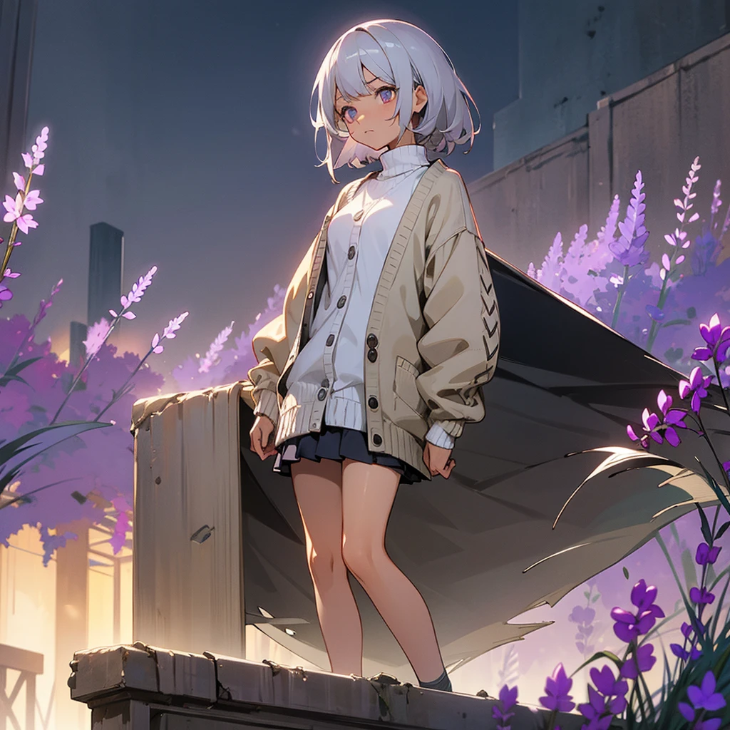 1female, young adult, tan skin, finely detailed lavander eyes, straight medium, grey hair, skirt, sweater, cardigan, standing on ruined building, night time, serious expression