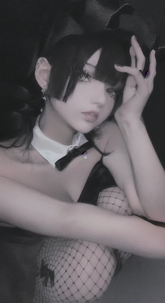 there is a woman in a black hat and fishnet stockings posing, sui ishida with black hair, 1 7 -  - old me goth girl, 1 7 - year - goth gi shikamimi, with black pigtails, black hime cut hair, she has black hair with bangs, whitebangsblackhair, 2b, 2 b