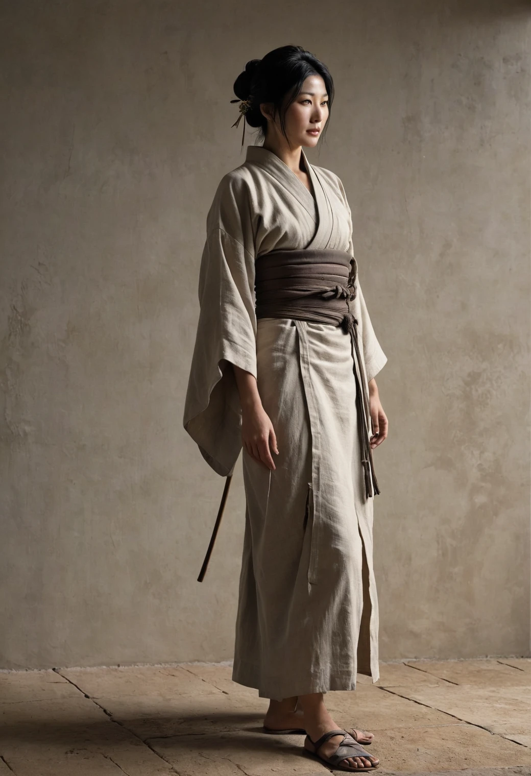 old japanese ronnin, samourai medieval ronnin, 1woman standing, (corpo todo:1.5), hero pose,design de personagens intrincado, sentimento de nostalgia, recursos exagerados, memorable visuals, consistente, coerente, cativante, (olhos limpos:1.2), (olhos altamente detalhados:1.2), highly detailed hands, piso detalhado, soco texturizado, Dusty floor, intricado shoes, obra de arte, intricado, obra de arte, intricado, (fundo simples, fundo preto:1.5), rim lighting, Pouca luz,"textura detalhada da pele, tecidos altamente detalhados, precise linen, accurate collision textures, absurd resolution textures, alto brilho, reflexo perfeito, intricado surfaces, underground dispersal, ambient occlusion, subtle scratches, imperfections, sombra suave, detalhe insano, pontos e costuras detalhadas, couro intricado"