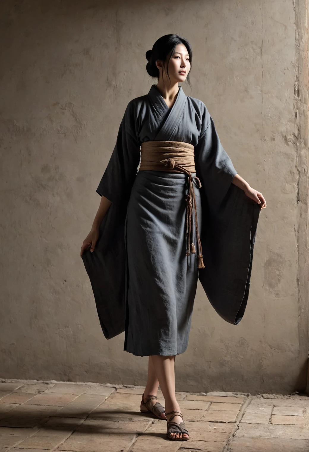 old japanese ronnin, samourai medieval ronnin, 1woman standing, (corpo todo:1.5), hero pose,design de personagens intrincado, sentimento de nostalgia, recursos exagerados, memorable visuals, consistente, coerente, cativante, (olhos limpos:1.2), (olhos altamente detalhados:1.2), highly detailed hands, piso detalhado, soco texturizado, Dusty floor, intricado shoes, obra de arte, intricado, obra de arte, intricado, (fundo simples, fundo preto:1.5), rim lighting, Pouca luz,"textura detalhada da pele, tecidos altamente detalhados, precise linen, accurate collision textures, absurd resolution textures, alto brilho, reflexo perfeito, intricado surfaces, underground dispersal, ambient occlusion, subtle scratches, imperfections, sombra suave, detalhe insano, pontos e costuras detalhadas, couro intricado"