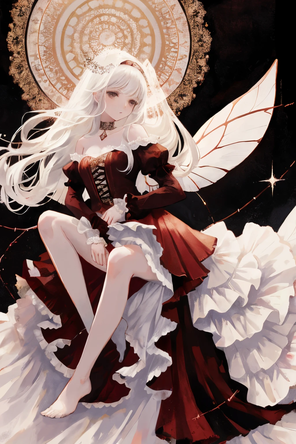 ((best quality)), ((masterpiece)), (detailed), 1girl, Character design, female, dynamic poses, long white grey hair, grey white eyes, very skinny, detailed, best quality, no accesoires around the neck, no shoes, prominent collarbones, skinny arms, flat stomach, visible hip bones, full body, blank white background, plain background, white background, red and white clothing, Bloodborne inspired, occult aesthetic, occult, detailed and intricate steampunk and detailed gothic, NSFW, Very dramatic and cinematic lighting, cosmic horror, grim-dark, side-lighting, perfect face, NSFW, Fluttering lace flared long knee length dress with frilly petticoats, knee length dress, pleated petticoats, petticoats gothic, complex lace boots, side-lighting, gothic aesthetic, wielding a mighty sword with mechanical components, mandalas, small breasts, a fairy, various different types of insect wings, NSFW, full body, whole body, body, plain background, white background, blank background, no background, white background NSFW, chains, full body, whole body, head-to-toe NSFW