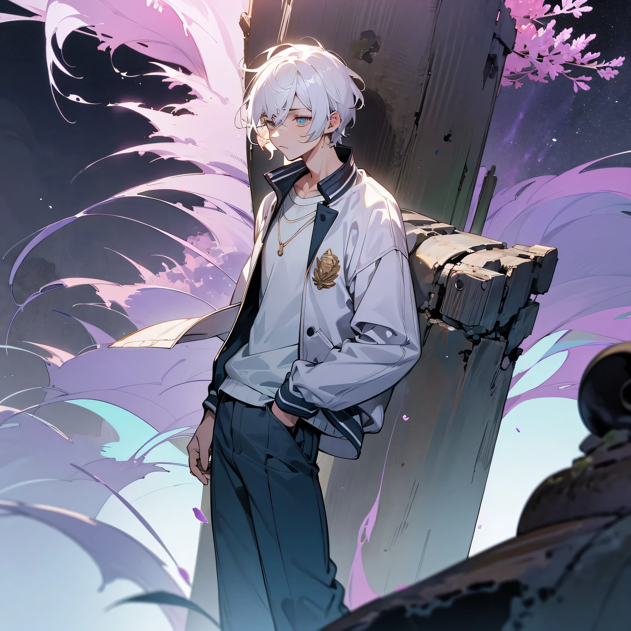 1male, adult, finely detailed lavander eyes, seashell white hair, wavy short hair, varsity jacket, loose shirt, baggy pants, standing on ruined building, night time, somber expression