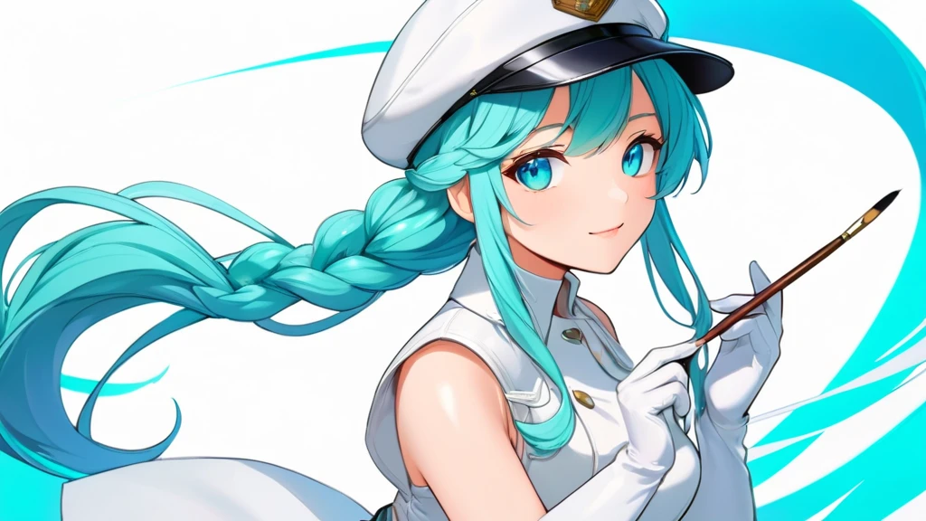 Female, woman, mature, Beautiful, Humble, Kind, long hair upper waist Stright Braided Hairstyles, Aqua blue pupil eyes colour, bright cyan Hairs, leather white wear Newsboy Cap, white dress flowing with skirt, wear leather white female gloves, holding small brush, Anime style, vivid colours, (White backgrounds:1.1)