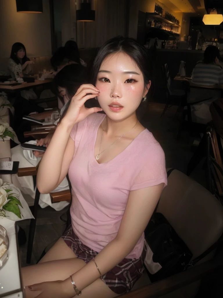 Beauty,pretty,A woman is sitting in a restaurant and talking on the phone, Korean Girl, Chiho, With a cute and delicate face, aoshima Chiho, Shot with Pentax K1000, Korean woman, joy, Yaoi Haruma, photo ( Far _ shooting ), Ayaka, wenfei ye, Not blurry, Chiho ashima