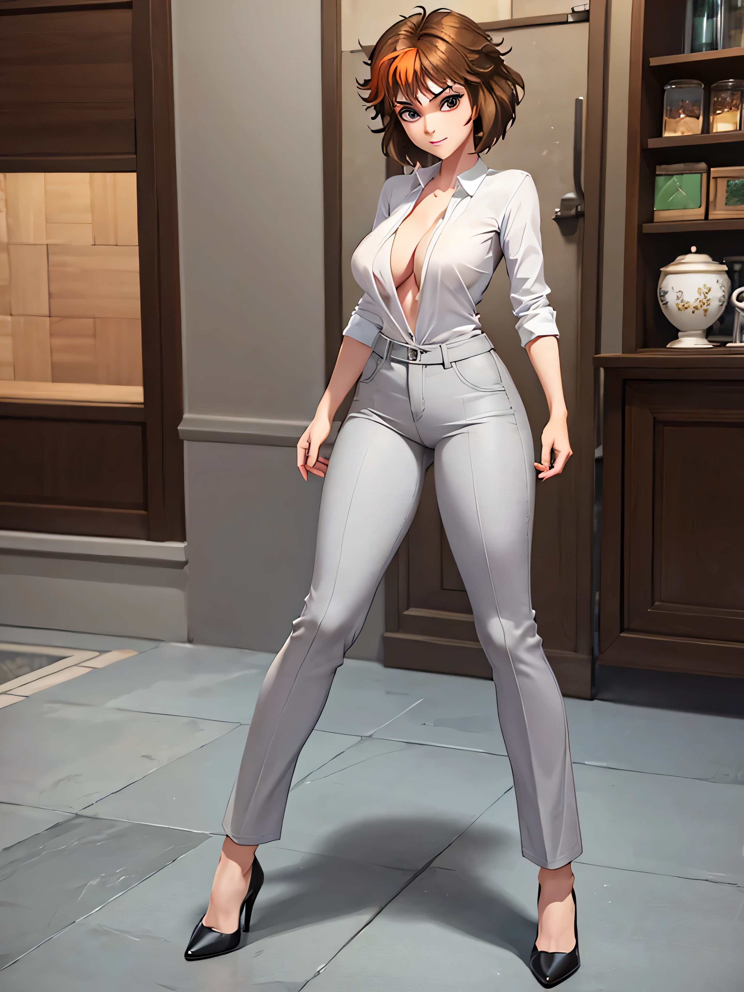 
light grey bell pants, merula, full body, thighs, high heels, solo 1 girl, medium tits, nude tits, open blouse