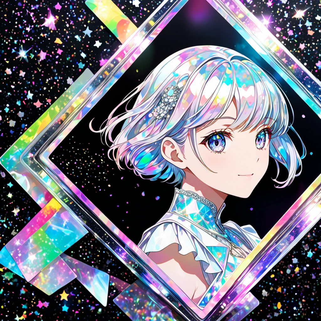 A high-quality hologram trading card depicting an anime-style A high-quality hologram trading card depicting an anime-style girl, with glitter, mother-of-pearl, and a black background around the card, clear coloring, and colorful
, with glitter, mother-of-pearl, and a black background around the card, clear coloring, and colorful
