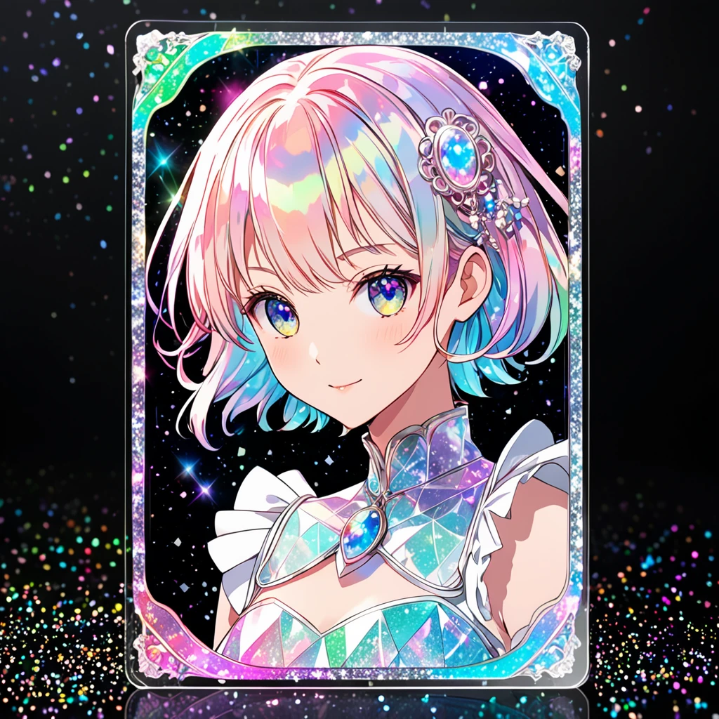 A high-quality hologram trading card depicting an anime-style A high-quality hologram trading card depicting an anime-style girl, with glitter, mother-of-pearl, and a black background around the card, clear coloring, and colorful
, with glitter, mother-of-pearl, and a black background around the card, clear coloring, and colorful