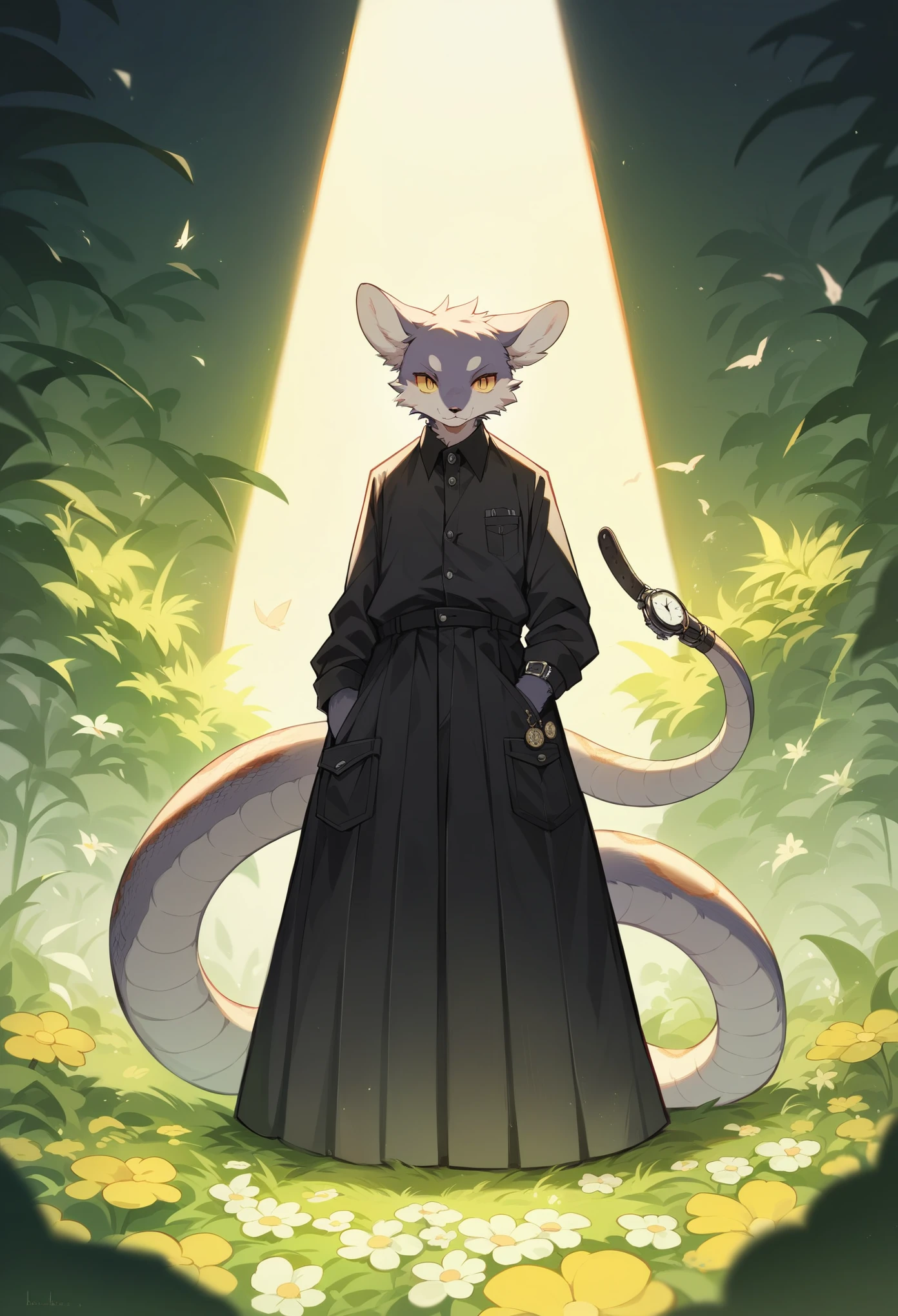 (best quality, high resolution, ultra-detailed)silhouett(kemono, furry anthro)holding striking pocket watch, surrounded by flowers, snakes and darkness, illustrative rendering, intricate details, mysterious atmosphere, vibrant colors, dynamic lighting , Gothic style,