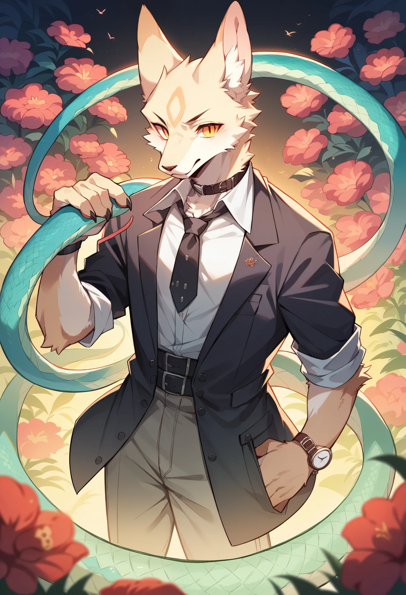 (best quality, high resolution, ultra-detailed)silhouett(kemono, furry anthro)holding striking pocket watch, surrounded by flowers, snakes and darkness, illustrative rendering, intricate details, mysterious atmosphere, vibrant colors, dynamic lighting , Gothic style,