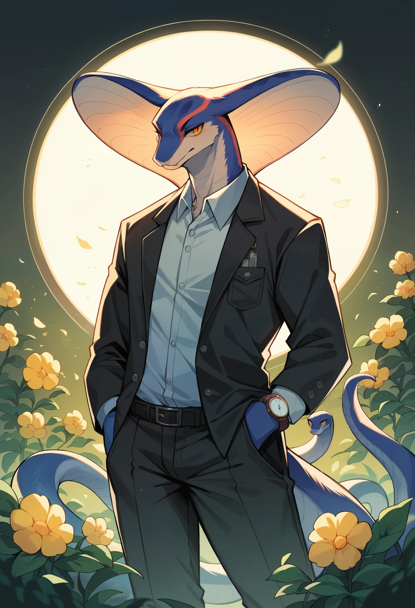 (best quality, high resolution, ultra-detailed)silhouett(kemono, furry anthro)holding striking pocket watch, surrounded by flowers, snakes and darkness, illustrative rendering, intricate details, mysterious atmosphere, vibrant colors, dynamic lighting , Gothic style,