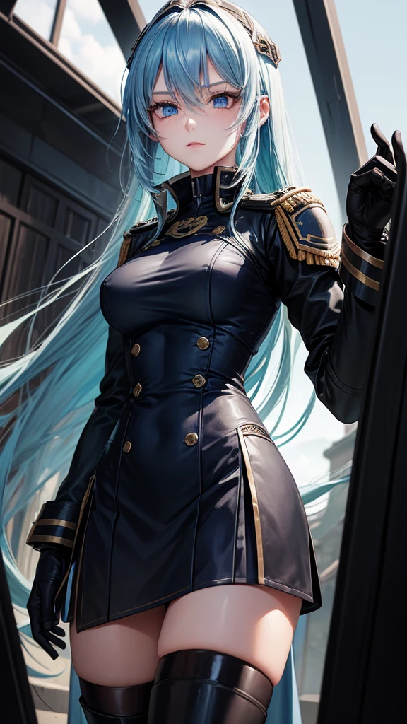 Chtholly had long sky blue hair and blue eyes. In battle, she wears a black/navy blue female military uniform as well as steel armor.