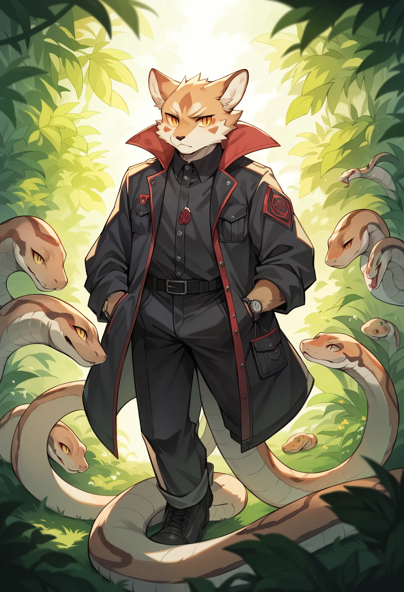 (best quality, high resolution, ultra-detailed)silhouett(kemono, furry anthro)holding striking pocket watch, surrounded by flowers, snakes and darkness, illustrative rendering, intricate details, mysterious atmosphere, vibrant colors, dynamic lighting , Gothic style,