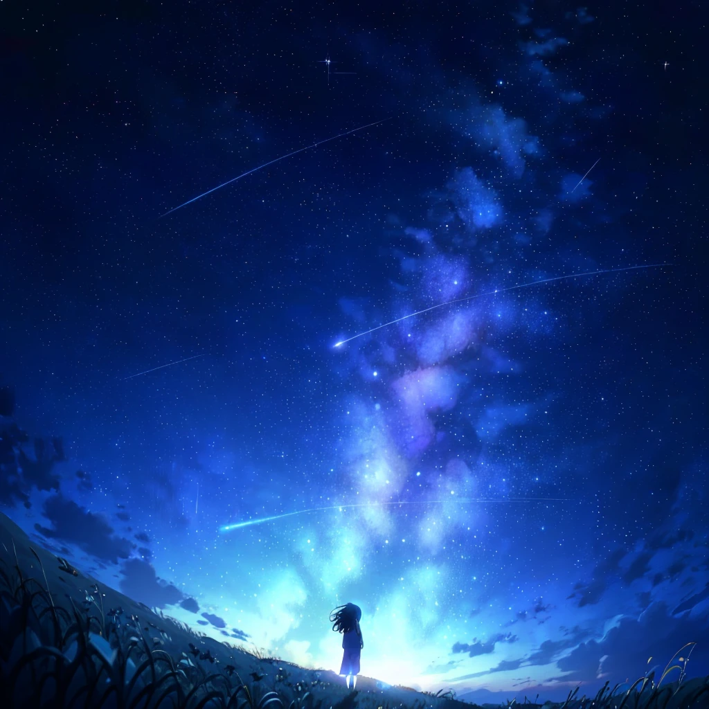 starry night sky with a person standing on a hill looking at the stars, cosmic skies. by makoto shinkai, star(sky) starry_sky, anime movie background, 4k anime wallpaper, starry sky 8 k, beautiful wallpaper, starry sky, amazing wallpaper, anime wallpaper 4k, anime wallpaper 4 k, makoto shinkai!