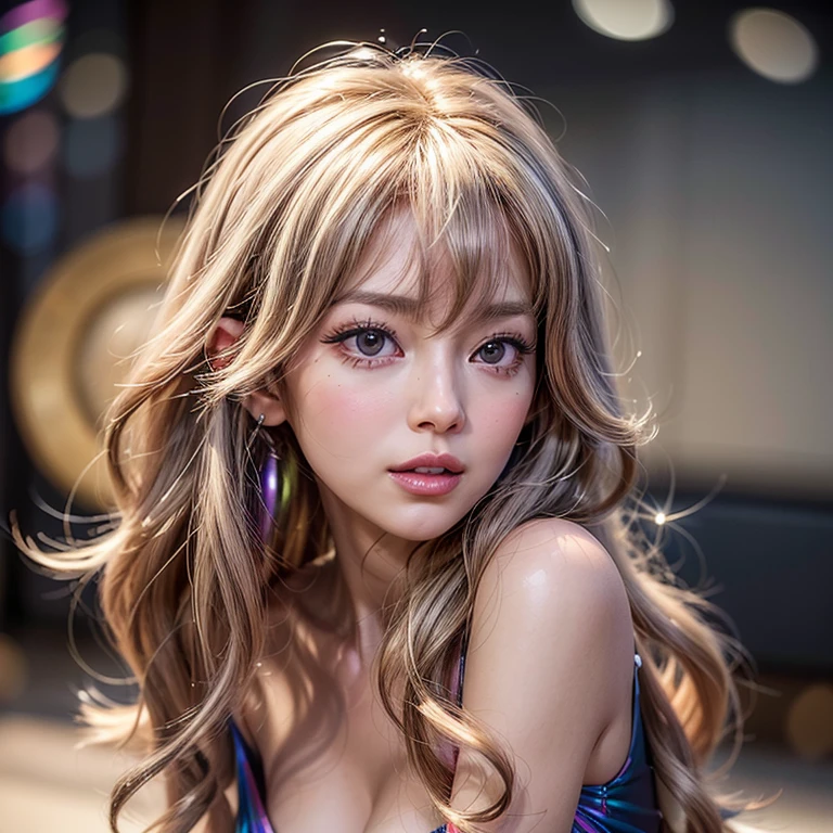 NSFW, 8k, High-level, absurd, masterpiece, best quality, primitive, very detailed CG, very detailed wallpaper, perfect lighting, Extremely detailed ((( personifying " Farrah Fawcett Majors " as a ))), MysticSight, Tyndall effect, Tyndall scattering, (Studio gray background with (Overflowing oodles Dazzling RainbowColorParticles (BokeH))), (RoundlyButts, ThighGap), (Exposed:0.4), (Assfocus with looking ahead) BREAK (Acutance:0.88), (NOGIZAKA face variations) Extremely Detailed very KAWAII face variations, perfect anatomy, Childish, CaptivatingGaze ElaboratePupils detailed Eyes with (sparkling highlights:1.28), (Voluminous LongEyelashes、GlossyRED Lips with beautiful details, RosyCheeks, Radiant PearlSkin with Transparency . { (Dynamic LifeLike expressions:1.4) | :d) }, (large eyes:-1) .