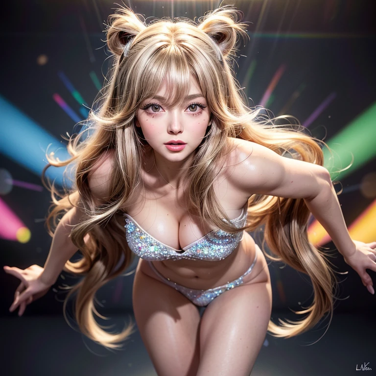 NSFW, 8k, High-level, absurd, masterpiece, best quality, primitive, very detailed CG, very detailed wallpaper, perfect lighting, Extremely detailed ((( personifying " Farrah Fawcett Majors " as a ))), MysticSight, Tyndall effect, Tyndall scattering, (Studio gray background with (Overflowing oodles Dazzling RainbowColorParticles (BokeH))), (RoundlyButts, ThighGap), (Exposed:0.4), (Assfocus with looking ahead) BREAK (Acutance:0.88), (NOGIZAKA face variations) Extremely Detailed very KAWAII face variations, perfect anatomy, Childish, CaptivatingGaze ElaboratePupils detailed Eyes with (sparkling highlights:1.28), (Voluminous LongEyelashes、GlossyRED Lips with beautiful details, RosyCheeks, Radiant PearlSkin with Transparency . { (Dynamic LifeLike expressions:1.4) | :d) }, (large eyes:-1) .