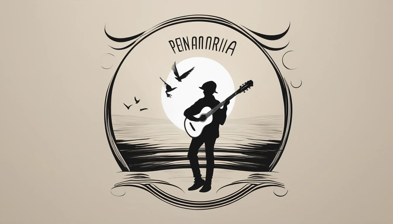 A minimal, modern, simple, cinematic logotype for the brand “Penamemoria". The logotype must be a simple, magical feather and a boy playing acoustic guitar. The logo must convey a sense of music, stories and dreams. Logo design impressed on a book cover. Minimalistic logo