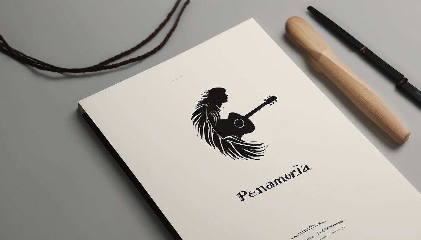 A minimal, modern, simple, cinematic logotype for the brand “Penamemoria". The logotype must be a simple, magical feather and a boy playing acoustic guitar. The logo must convey a sense of music, stories and dreams. Logo design impressed on a book cover. Minimalistic logo