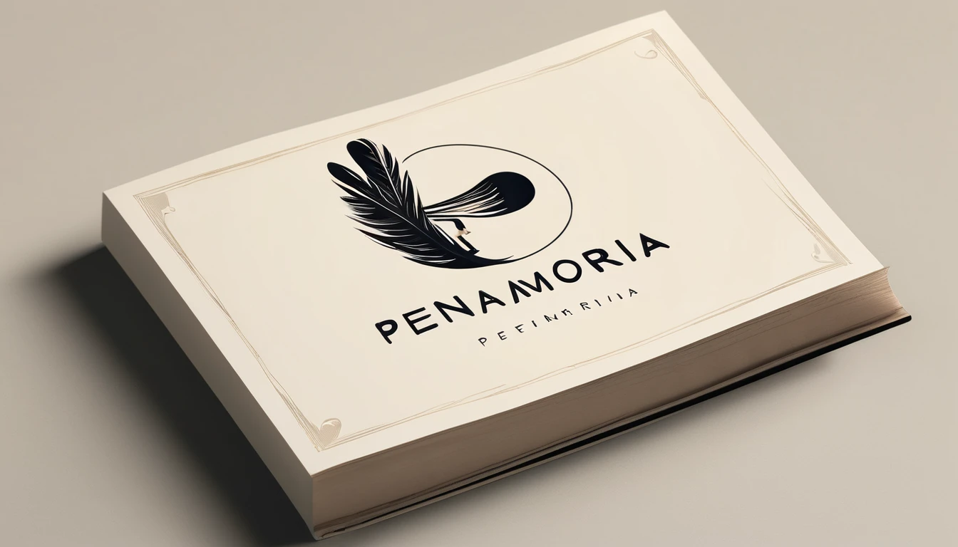 A minimal, modern, simple, cinematic logotype for the brand “Penamemoria". The logotype must be a simple, magical feather and a boy playing acoustic guitar. The logo must convey a sense of music, stories and dreams. Logo design impressed on a book cover. Minimalistic logo