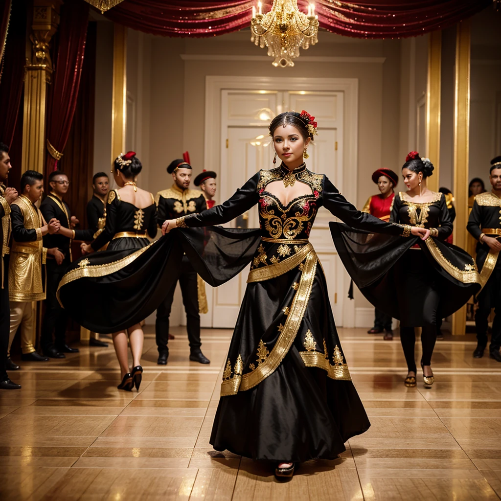 A beautiful girl dancing, traditional dance. She wears an elaborate traditional costume: black jacket decorated with sequins and flower designs with gold glitter, (black and red petticoat) red skirt with gold decorations. Elegant long black gloves. black shoes. seductive body, blonde, blue eyes. Women in costumes dance in front of a crowd. beautiful costume, traditional costume, folkloric, traditional clothing, luxuriously dressed, still style, elaborately dressed, dancers.