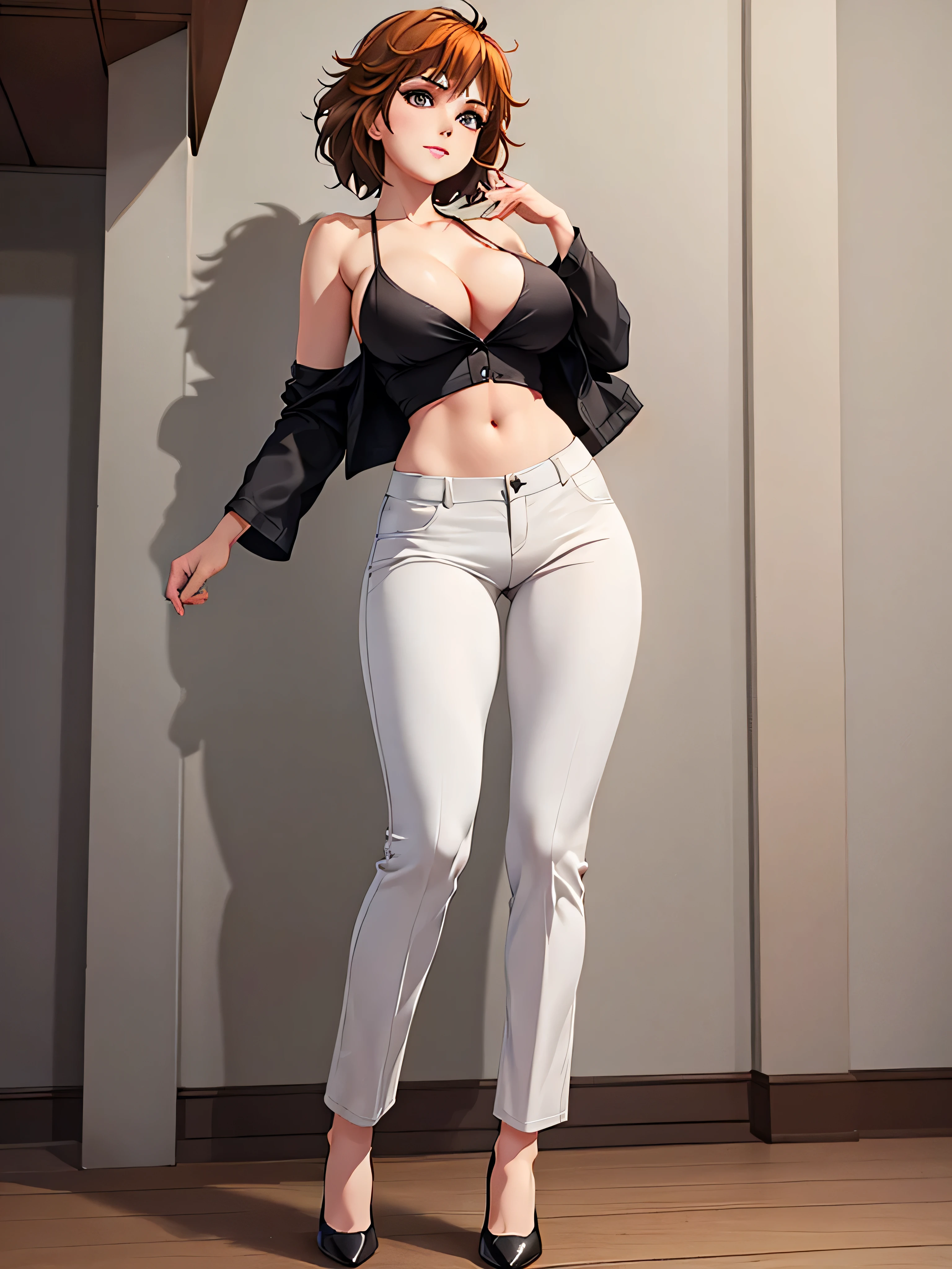 light grey bell pants, merula, full body, thighs, high heels, solo 1 girl, medium tits, nude tits, open blouse