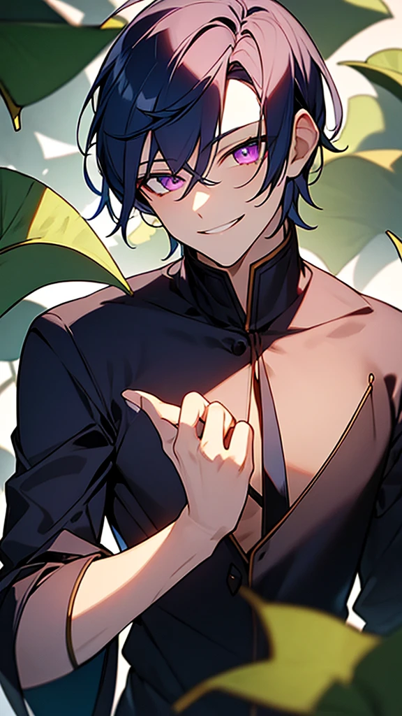 1man,dark blue hair,best quality,masterpiece,extremley,pink eyes,male focus,beautiful eyes, make a head hands, wink, smile, ginkgo leaves in background.