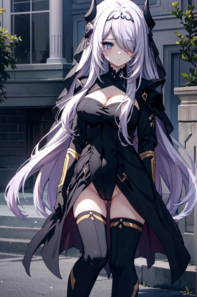 Highest quality,Masturbation,Pussy juice,Squat,horn, tiara, Veil, Black bodysuit, Pauldrons, Long sleeve, Cleavage cutout, Black gloves, Black overskirt, Black trousers,Show me your boots,leotard,elegant, 1 Girl, cute, Blushed, Looking at the audience, Beautiful Eyes, Beautiful background, Particles of light, Light of the sun, Dramatic lighting, outside, Shiny, Realistic, Highest quality, Very detailed, Get used to it, scenery, Beautiful and detailed, Thin Hair,Full Body Shot,