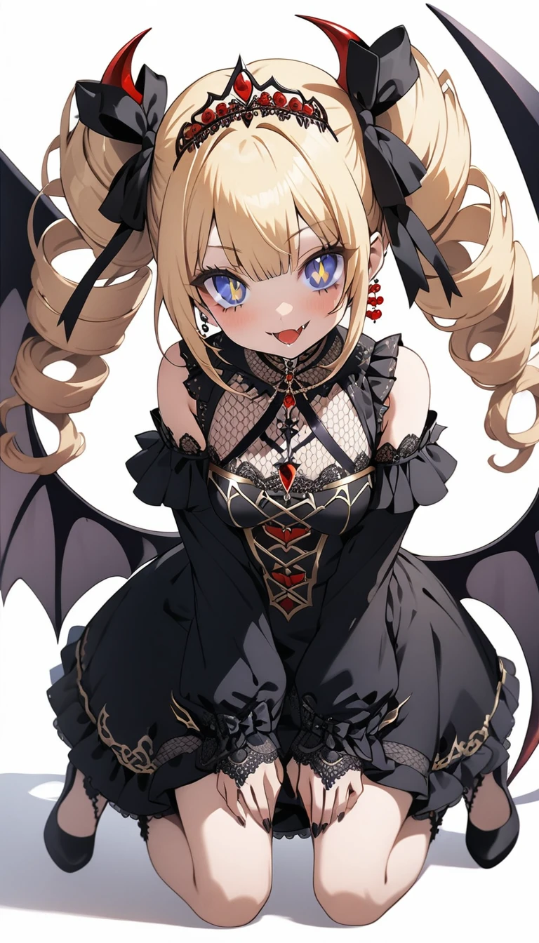 ((Highest quality)), ((masterpiece)), (detailed), (Perfect Face)、The woman is the Devil Queen Extia Spica, a female demon wearing a gorgeous black wedding dress decorated with gold.、The woman is a female demon with magnificent devil horns, jet black devil wings, and a jet black tail. She is looking at the camera with a happy expression on her face, her blonde medium-long hair tied in two ponytails at the back, and the expression of a girl in love.、The woman is Extia Spica