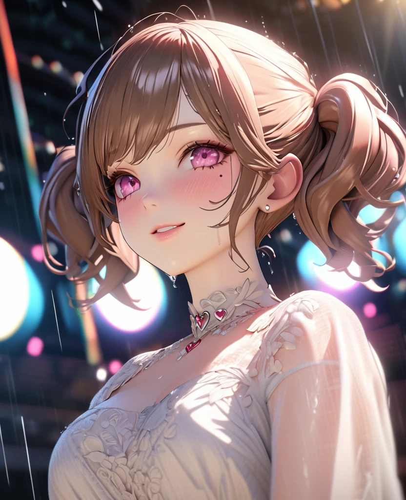 one girl, staring at the audience, beautiful pink eyes, brown hair in short twin tails, mole under eye, plump glossy lips, heart shaped choker, idol, her name is Mei, smiling, . . . 3D, realistic, idol's costume was drenched in heavy rain, her chest was wet and see-through, heavy rain at outdoor concert, draped clothes, jewelry and decorations removed, floral patterns, lace trim, glittering on stage, masterpiece, best quality, 8k, detailed skin texture, detailed fabric texture, beautifully detailed face, intricate details, highly detailed, ultra high resolution, 8k Ultra HD, film grain, best shadows, delicate, staring at the audience, front
