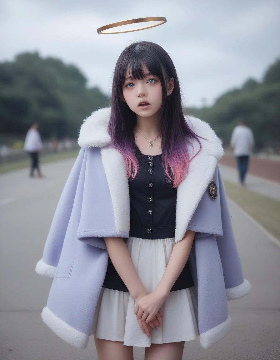 Fraction_9, Fraction_8_up, Fraction_7_Direction_6_Direction_Japanese cartoons, realistic,real,photorealistic,Cowboy shooting,1 Girl, , Black Hair, Black headdress, blue eyes, Vague, Vague background, breast, Shut up, cloud, cloudy Sky, Colored undercoat, Depth of Field, skirt, For the audience, Fur trim, fur coat, Gradient hair, Hair between the eyes, Halo, hand up, have, Jewelry, faint blush, Long hair, Looking at the audience, medium breast, Colorful hair, necklace, outdoor, own hands, Open your mouth, contour, Purple flowers, Purple Hair, Short sleeve, Side lock, Sky, Solitary, permanent, very Long hair, white skirt