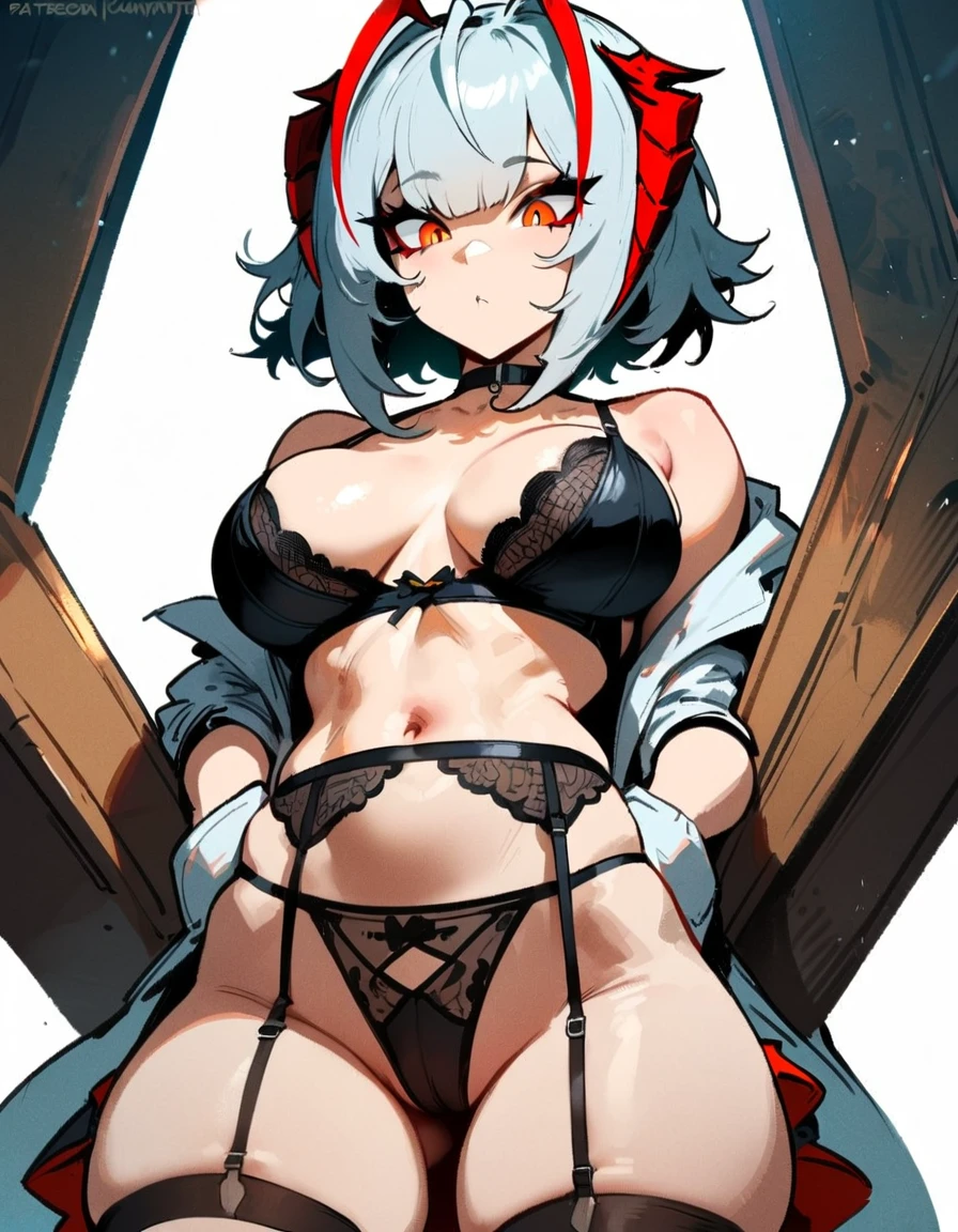 1girl, W \(arknights\), arknights \\\\\ masterpiece, best quality, very aesthetic, absurdres, newest \\\\\\ slim body,///// ,by nyantcha,cutesexyrobutts , by khyle,,////// ,,solo,, , ,,detailed face, , ,, , , , , beautiful face, (white background:1.2), , sexy, , orange eyes, , , rating:nsfw,,big tits,), in the center of the frame,,short hair, ,lingerie garter belt,, black openwork bra, wears a lab coat, hands in pockets