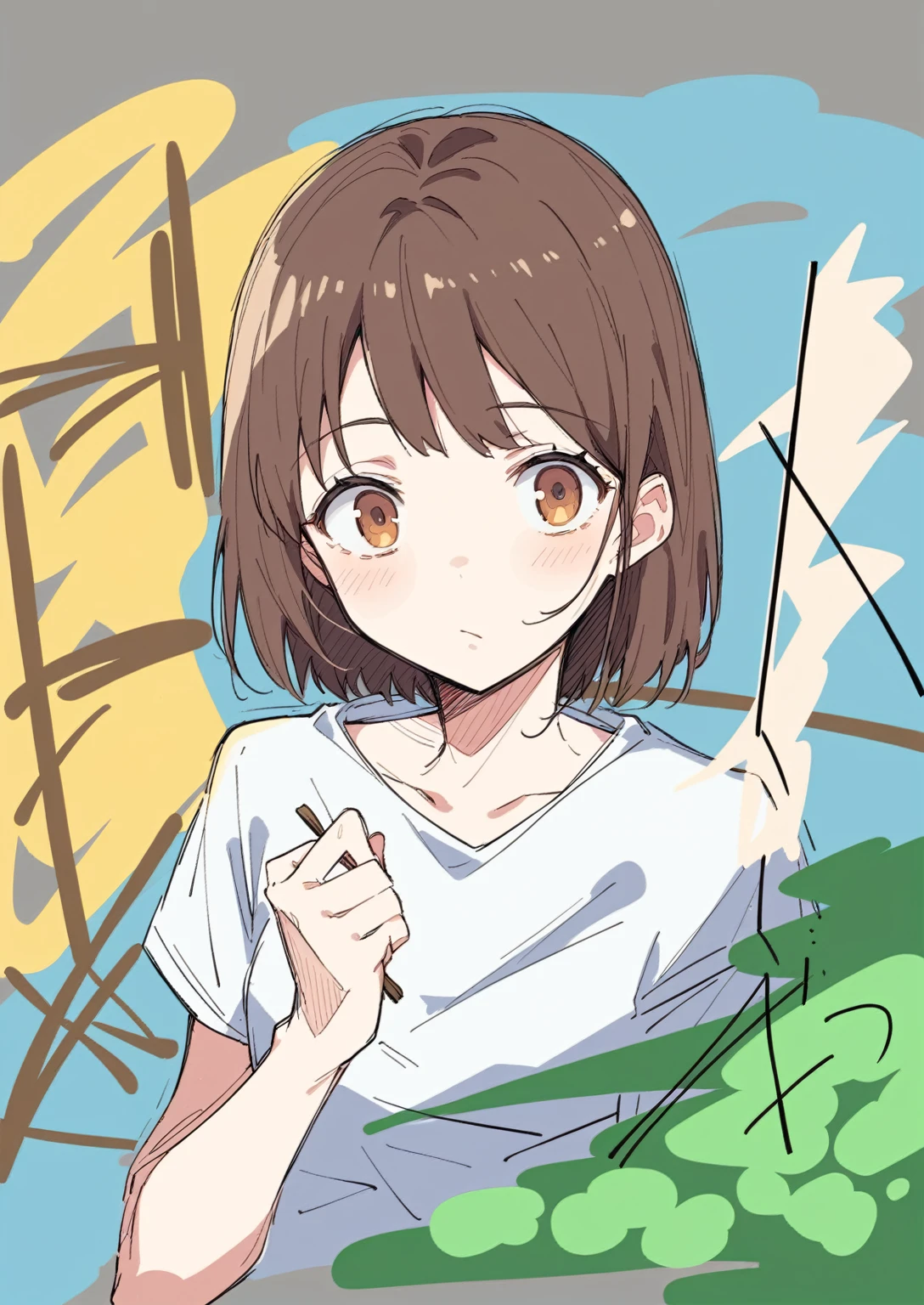 anime girl with brown hair and white shirt holding a stick, anime moe artstyle, in an anime style, anime style portrait, in anime style, chihiro! fujisaki, flat anime style shading, subtle anime style, 🤤 girl portrait, iwakura lain, sayori, semirealistic anime style, anime artstyle, by Kamagurka