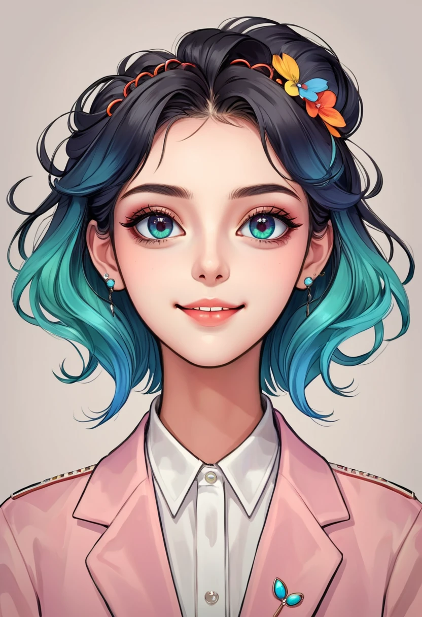 Cute digital illustration，Anime style girl portrait，Smile，Solitary，symmetry，Gradient hair，Big colorful eyes，Fashionable and exquisite facial features，Exquisite makeup，Beautiful hairstyle，Hairpin，Clean and simple background