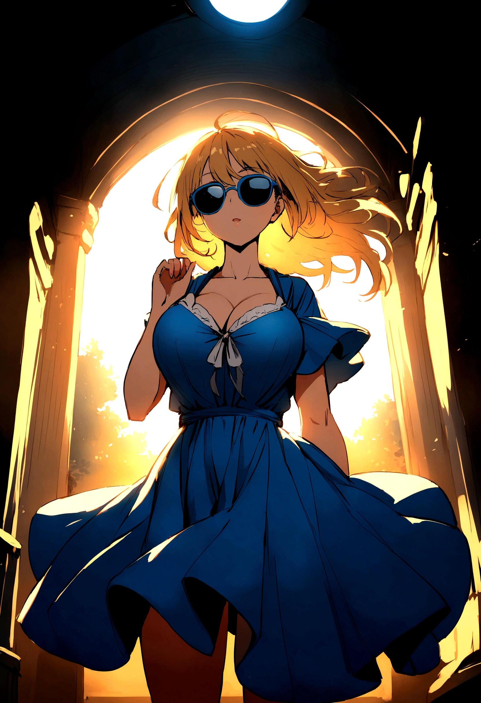 front view of anime girl in blue dress, big breasts, wearing sun glasses