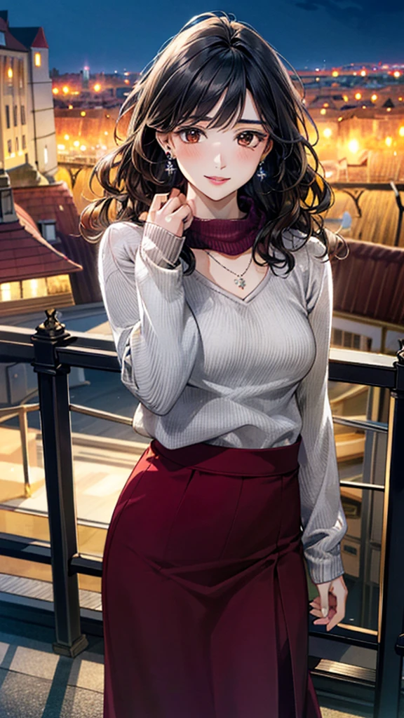 (masterpiece:1.3, Highest quality, Ultra-high resolution, Super detailed), (Realistic, photoRealistic:1.4), Beautiful illustrations, Perfect lighting, colorful, Depth of written boundary,
Beautiful detailed hair, Beautifully detailed face, Beautiful fine details, Beautiful clavicle, Beautiful body, 美しいLarge Breasts, Beautiful thighs, Beautiful feet, Beautiful fingers,
View Viewer、Front view:0.6, Beauty1人, Japanese, Beauty、30 years old, Perfect Face, (Perfect Anatomy, Anatomically correct), Cute and symmetrical face, , , Shiny skin,
(Large grey scarf:1.2)、((Bordeaux sweater:1.4)),((Brown long skirt 1.5))
(Black Hair, Medium Wavy Hair:1.4), Dark brown eyes, (Large Breasts), Slim body,
necklace, (Small earrings:1.3),
(Beautiful views), (night), (city, cityscape in the distance), Standing with good posture, A soft smile、(Smile, Lips parted),