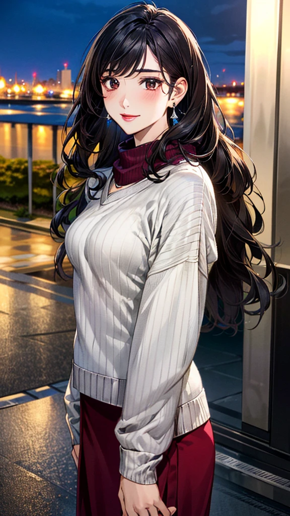 (masterpiece:1.3, Highest quality, Ultra-high resolution, Super detailed), (Realistic, photoRealistic:1.4), Beautiful illustrations, Perfect lighting, colorful, Depth of written boundary, 
Beautiful detailed hair, Beautifully detailed face, Beautiful fine details, Beautiful clavicle, Beautiful body, 美しいLarge Breasts, Beautiful thighs, Beautiful feet, Beautiful fingers, 
View Viewer、Front view:0.6, Beauty1人, Japanese, Beauty、30 years old, Perfect Face, (Perfect Anatomy, Anatomically correct), Cute and symmetrical face, Baby Face, , Shiny skin, 
(Large grey scarf:1.2)、((Bordeaux sweater:1.4)),((Brown long skirt 1.5))
(Black Hair, Medium Wavy Hair:1.4),  Dark brown eyes, (Large Breasts), Slim body, 
necklace, (Small earrings:1.3), 
(Beautiful views), (night), (city, cityscape in the distance), Standing with good posture, A soft smile、(Smile, Lips parted), 