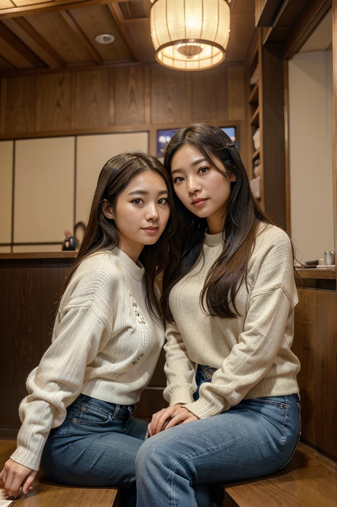 Two Asian Women、Wearing knitted clothes、Wearing jeans、Korean Hairstyles、Sitting in a Japanese restaurant、Japanese food right in front of you、Real、Ultra HD