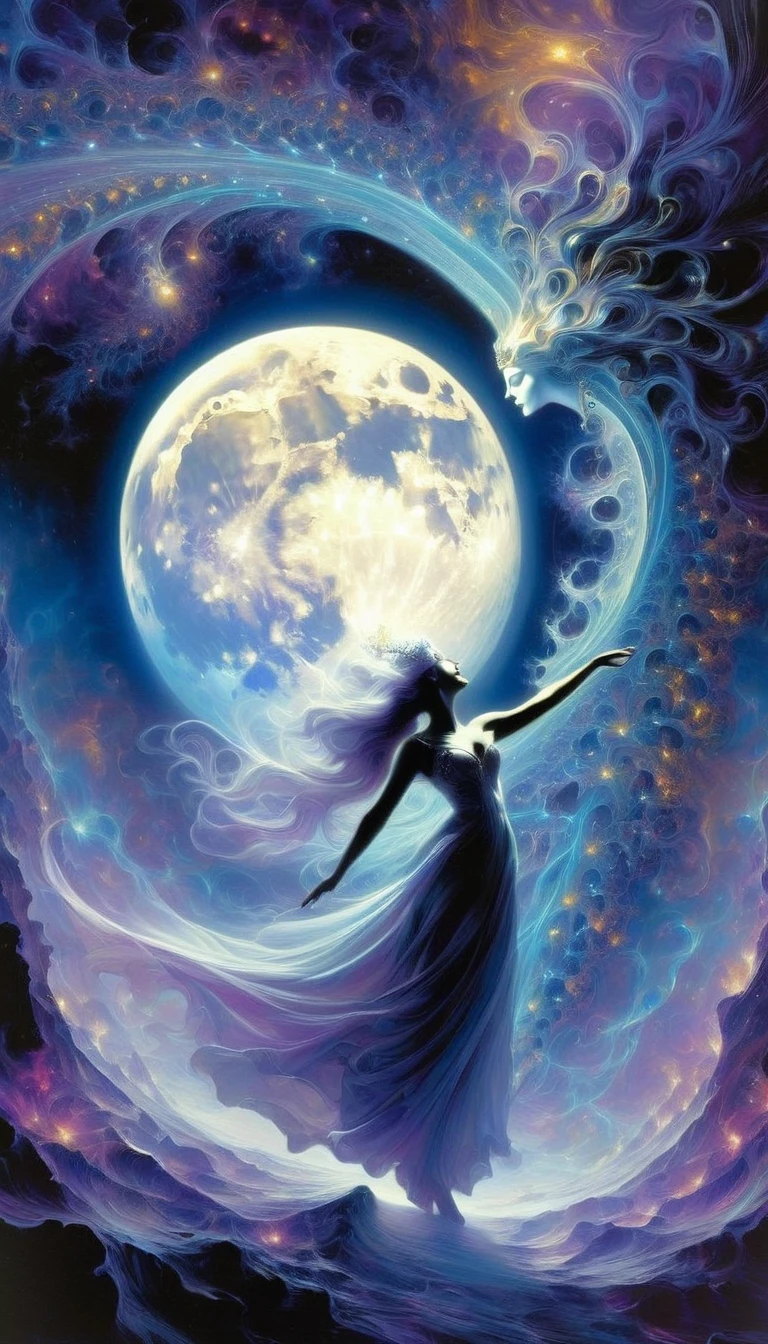 the famous love affair between Goddess of the moon Selene and mortal Endymion, fractal art, (art inspired by Bill Sienkiewicz). oil painting)