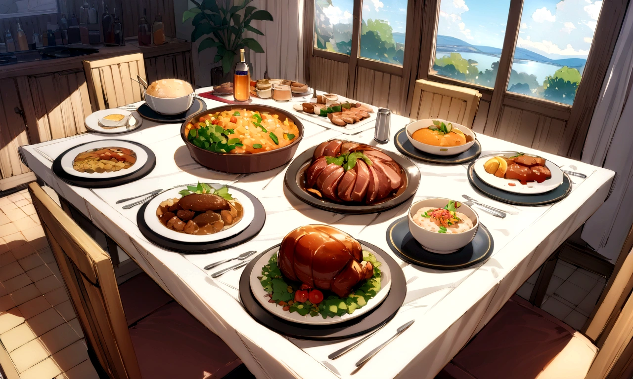 ((((masterpiece, Best Quality, High resolution)))), High detail, manga，anime，Illustrated style，Soft and bright colors， Rectangular square dining table,White tablecloth，White tableclothがかけられたテーブルに載せられている料理のアップ,The table top fills the entire screen, In the center of the screen, a large selection of food is displayed on a table.,A sumptuous dinner on the table，wine，Beer ，Meat dishes，Food and tableware for six, The evening sunlight is streaming in through the window、A sparkling drink in the sunlight, No humans， RPG-like scenery, テーブルの上にはBeer やwineや美味しそうな食べ物が載せられている, Create a magical and cozy atmosphere, Bright daytime atmosphere.